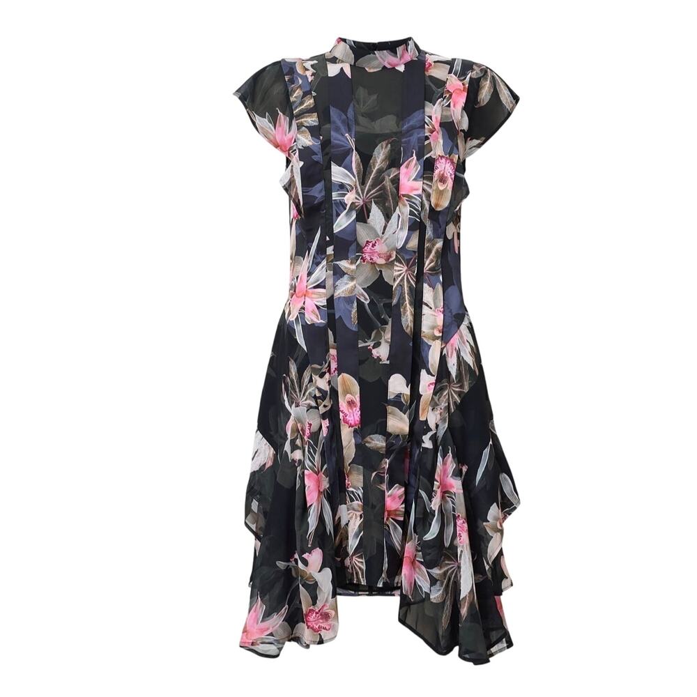 0258 NWT AllSaints Floral Print Pleated Mini Dress Black Size 2 US